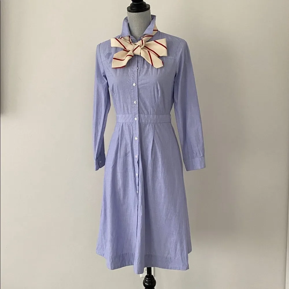 J.Crew Blue Button-Up Cotton Midi Dress Sz 4 Preppy Academia Classic Euro Summer